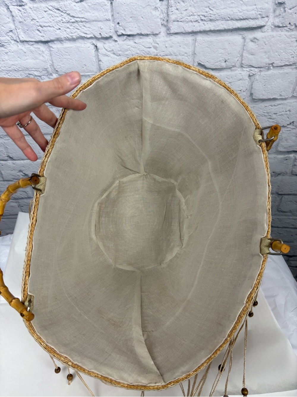 Boho Straw Market Tote Bag Bamboo Handle Woven Beach Purse Beaded Fringe Large - Picture 5 of 7